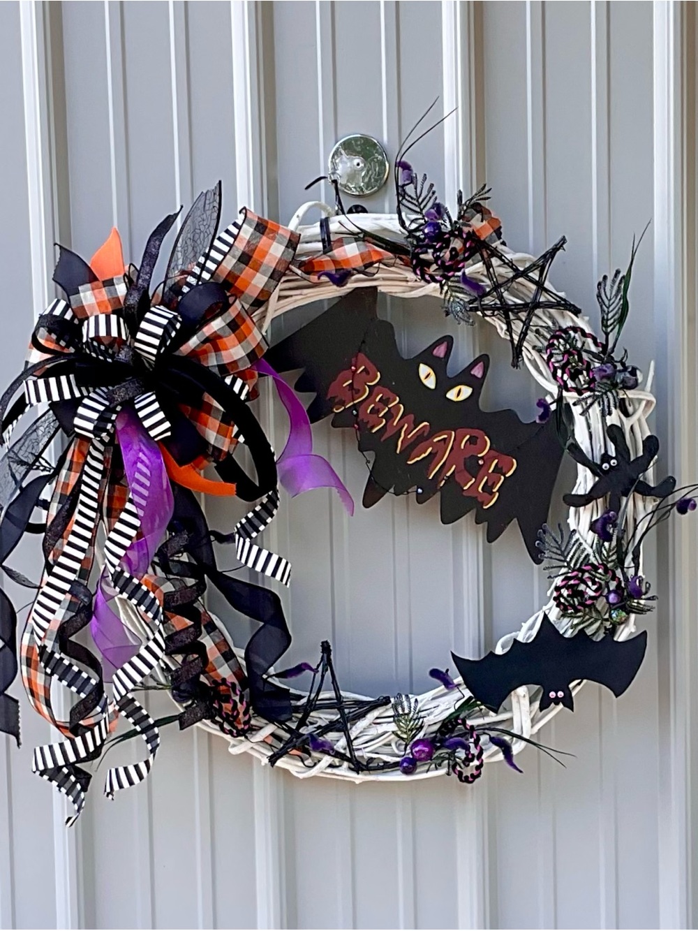 Handcrafted  Halloween Grapevine Wreath — "BEWARE" Bat, Bows & Boo Berries